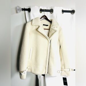 NWT Lauren Ralph Lauren Teddy Faux Fur Asymmetric Moto Jacket Cream Coat Medium